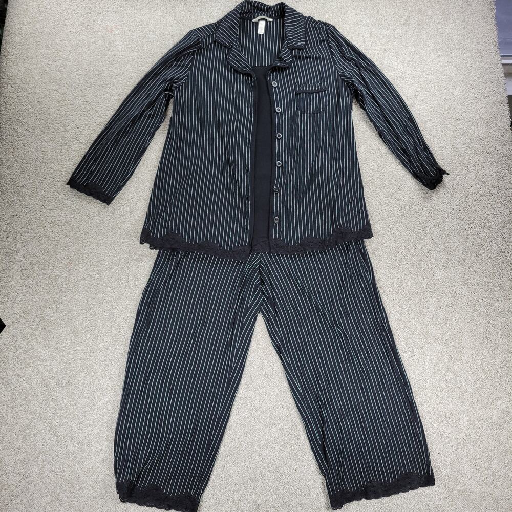 Soma Cool Collection Night Pajama Set S/M Black Stripes Lace Trim Crop Button Up